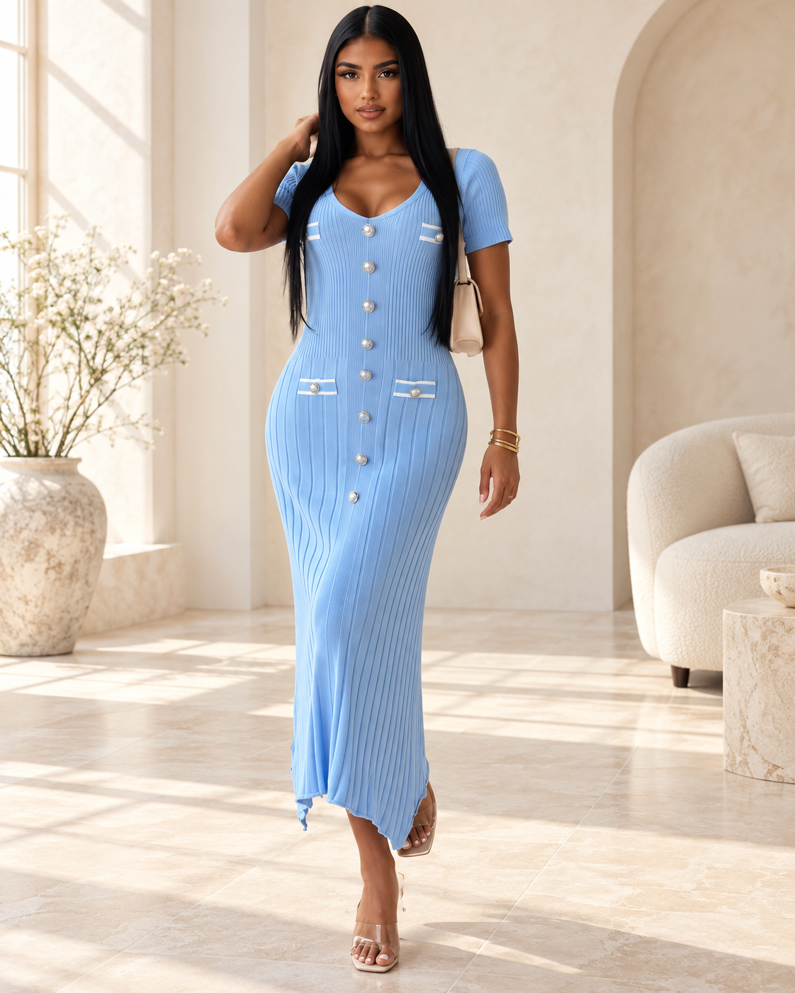 Arielle Button-Front Ribbed Midi Dress in blue on model