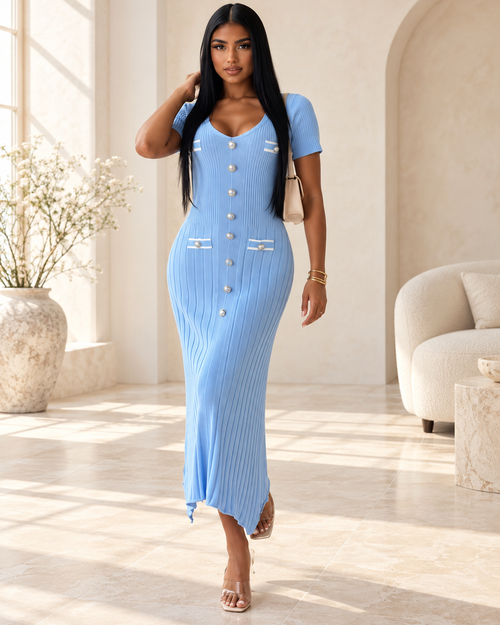 Arielle Button-Front Ribbed Midi Dress in blue on model