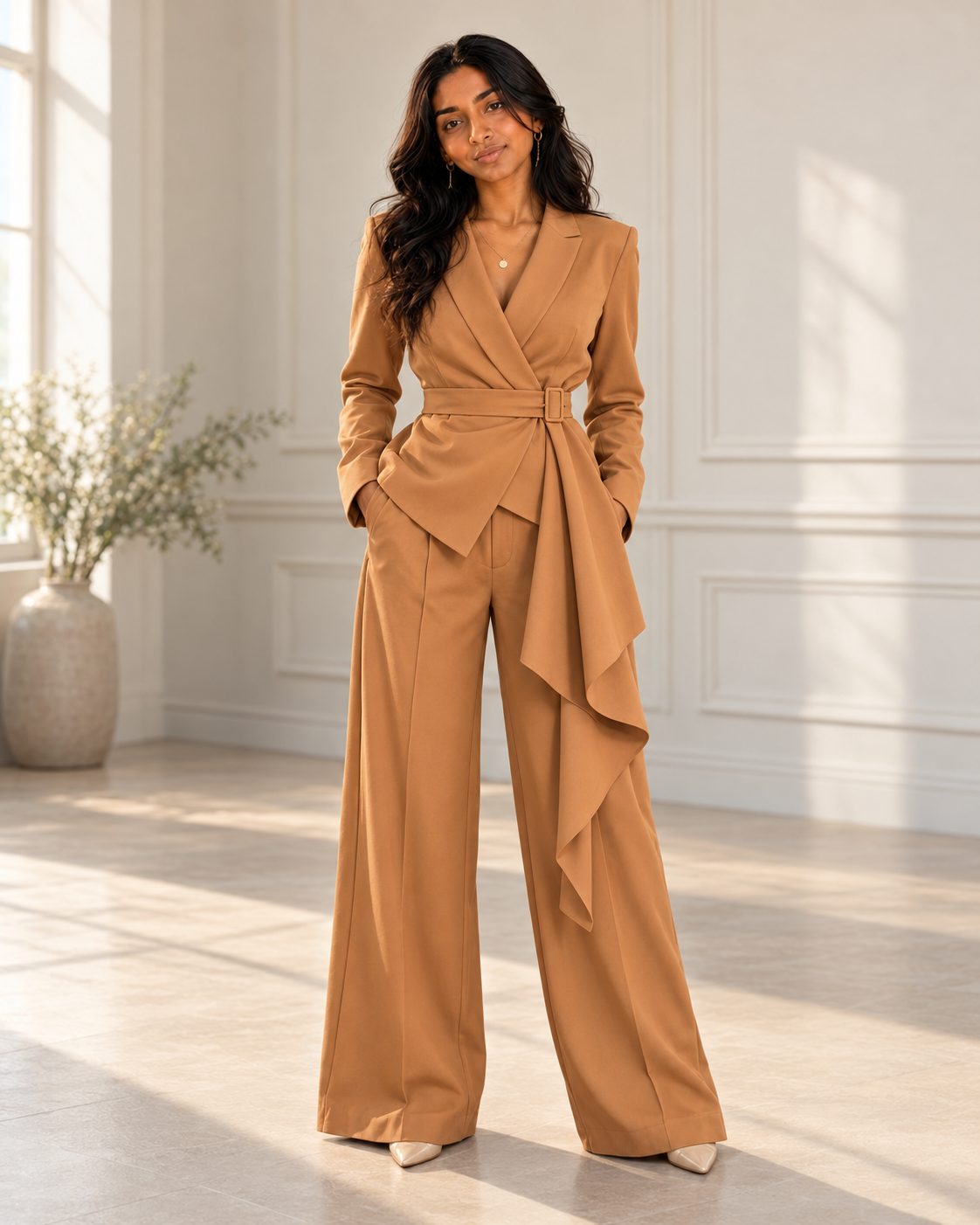Blushenne Belted Blazer & Wide-Leg Pants Set modeled by Jiya