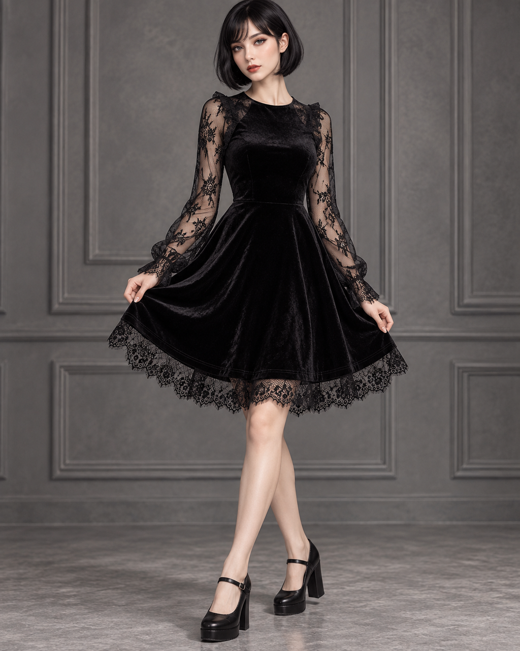Raven Black Velvet and Lace A-Line Mini Dress on model