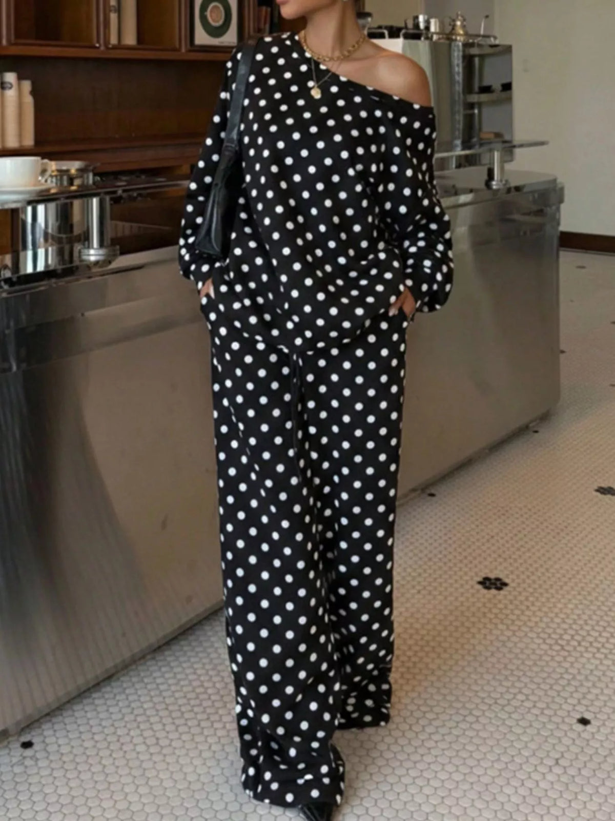 Odette Polka Dot Two-Piece Lounge Set in Black – women's oversized polka dot top and pants set