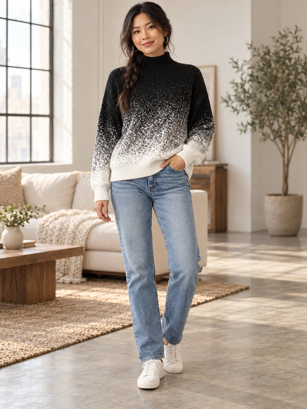 Aurora Black-to-White Ombre Turtleneck Sweater on model