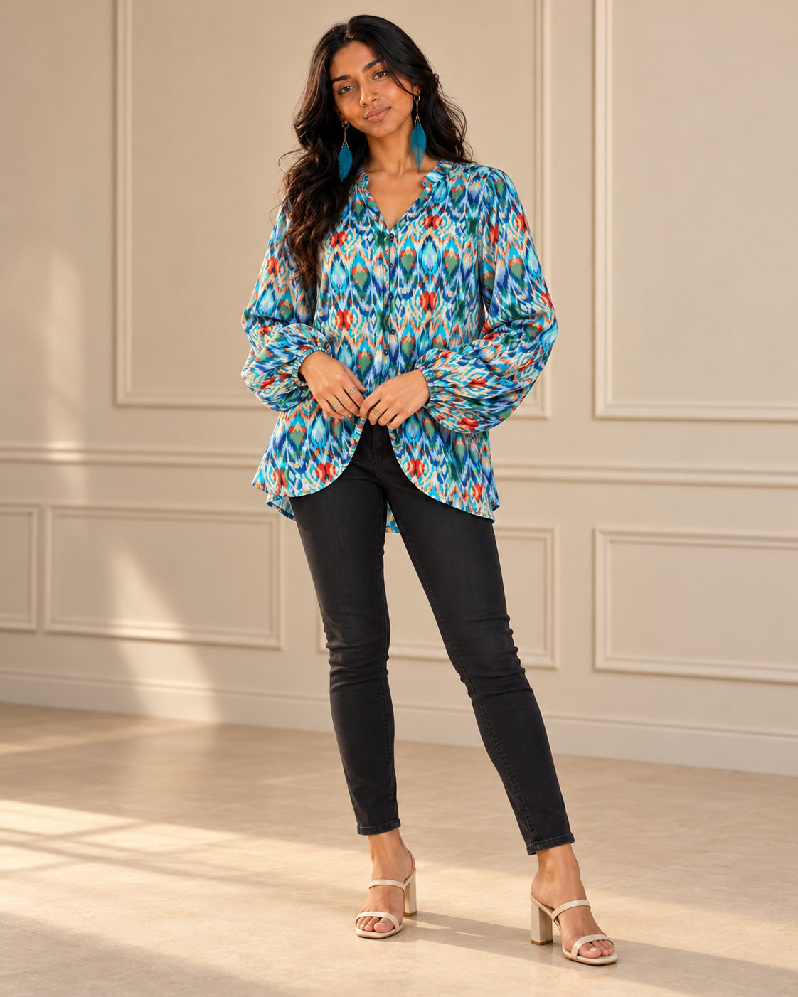 Blushenne Frill Balloon-Sleeve Blouse modeled by Jiya