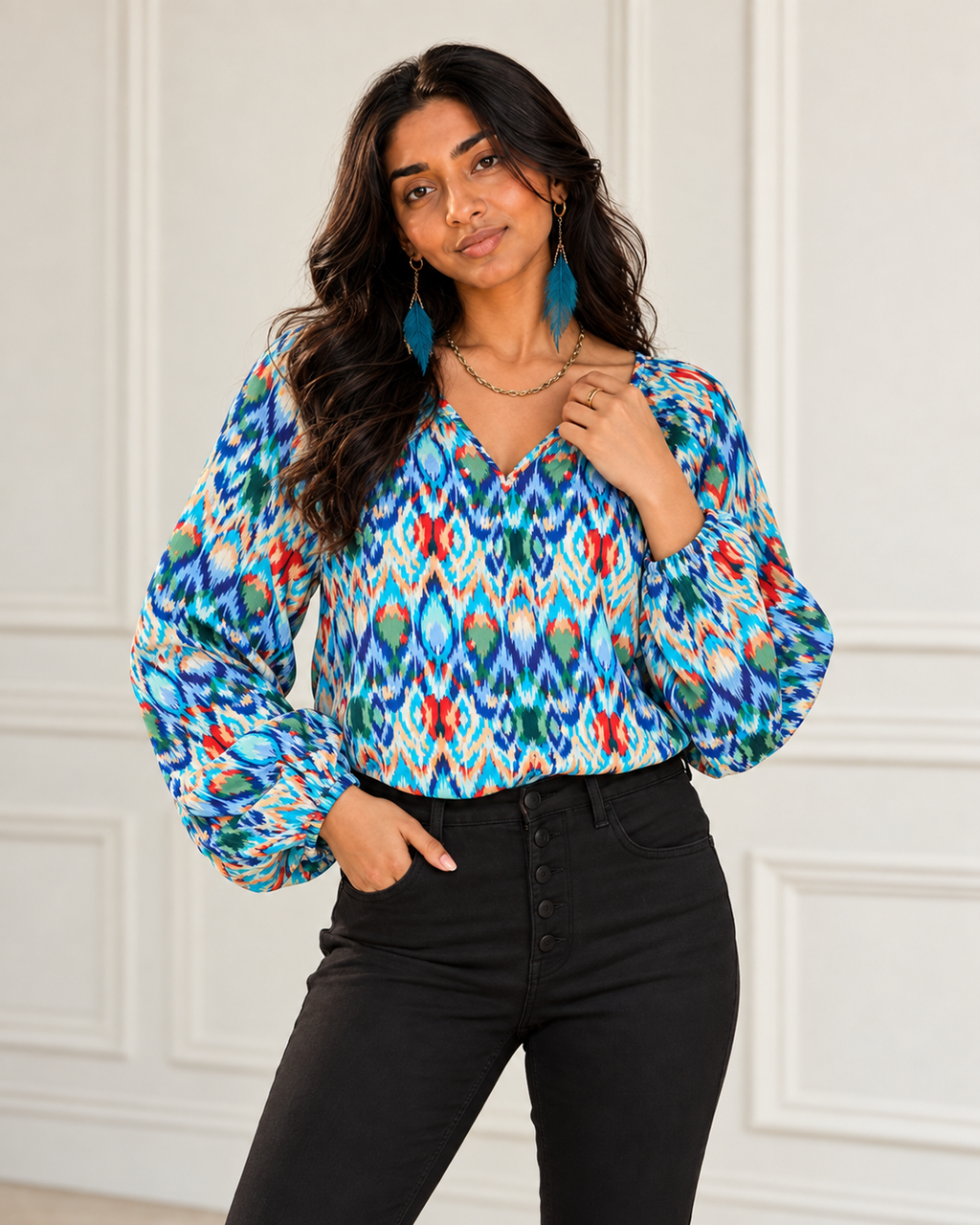 Blushenne Printed Balloon-Sleeve Blouse modeled by Jiya