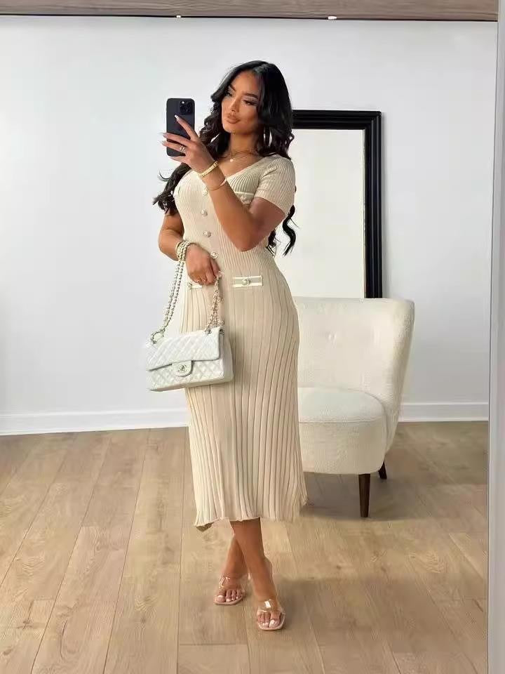 Arielle Button-Front Ribbed Midi Dress