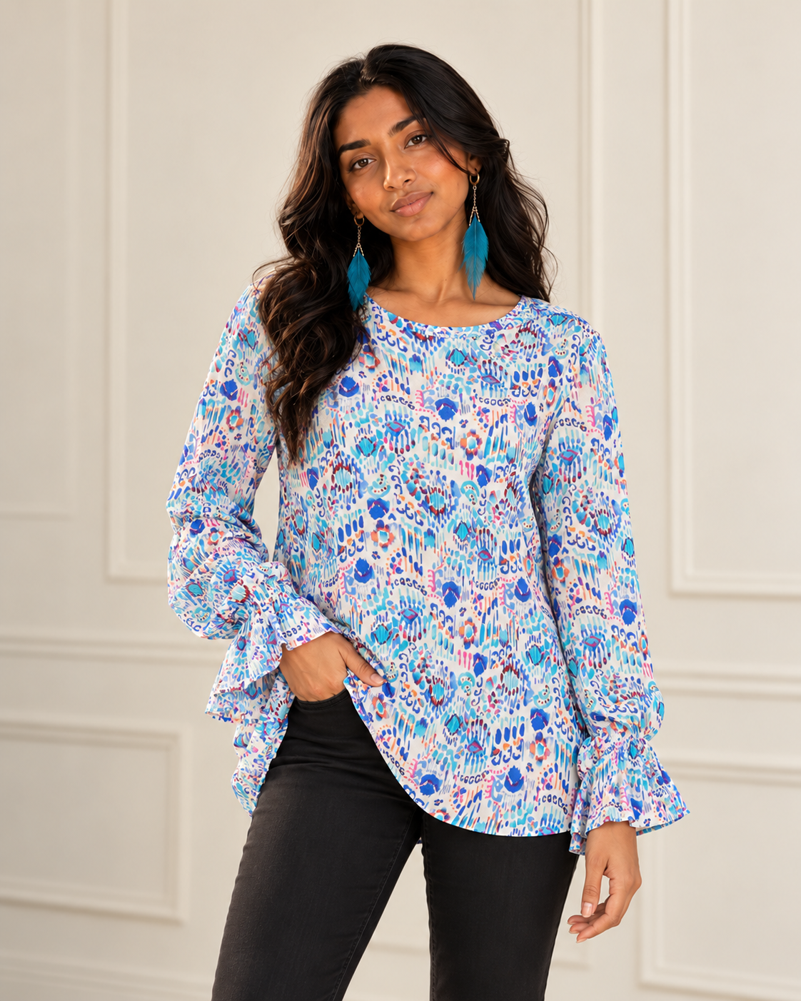 Blushenne Printed Flounce-Sleeve Blouse modeled by Jiya