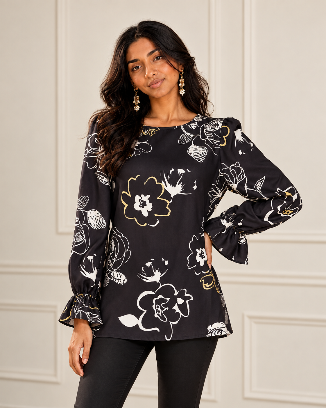 Blushenne Printed Flounce-Sleeve Blouse modeled by Jiya