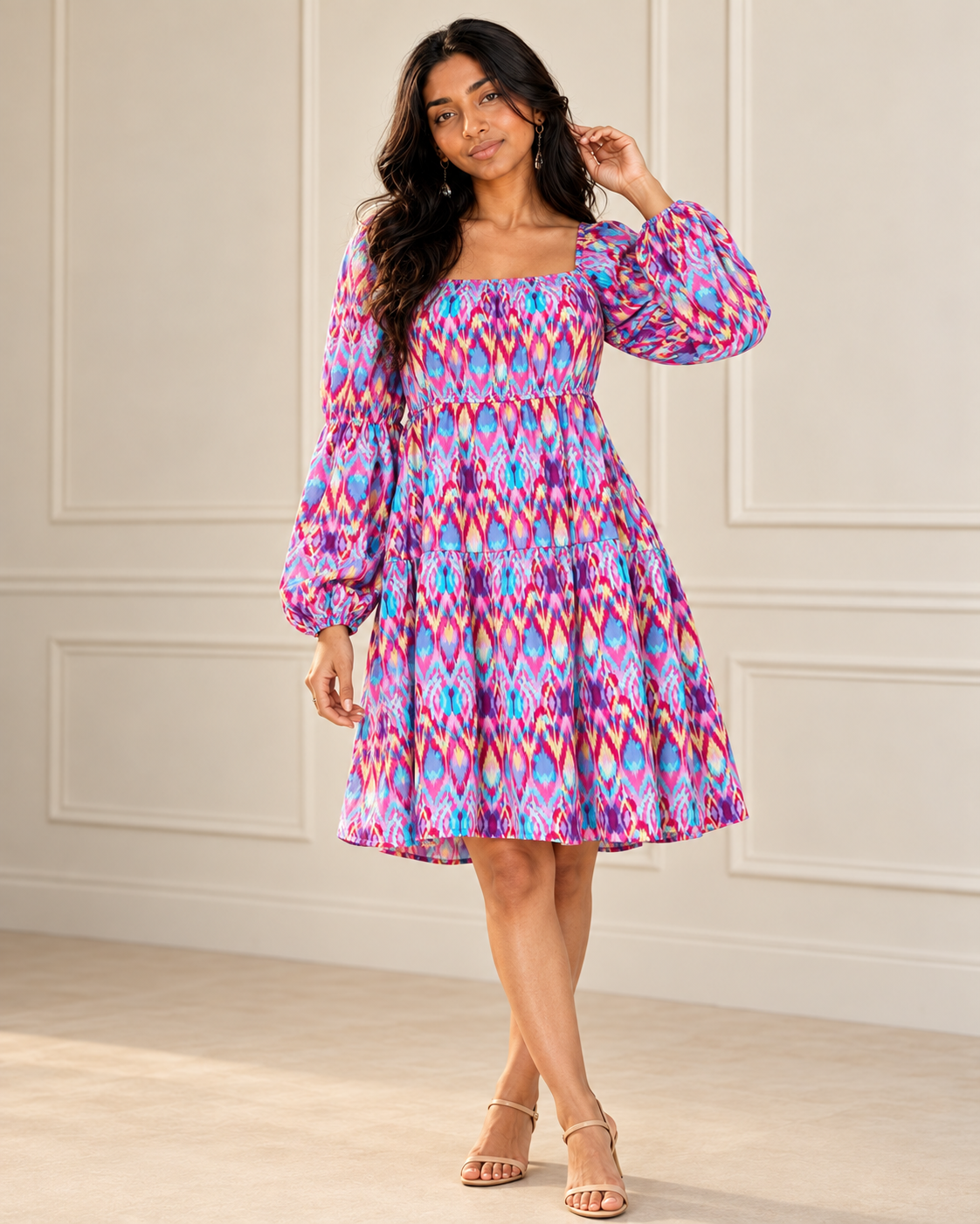 Blushenne Printed Long-Sleeve Dress modeled by Jiya