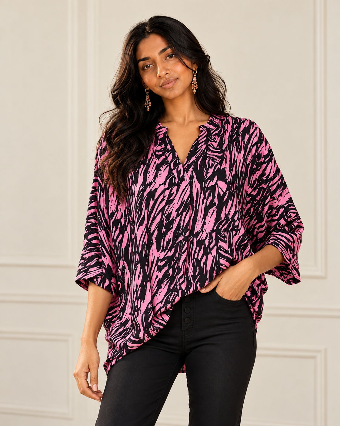 Blushenne Printed Notch-Neck Blouse modeled by Jiya