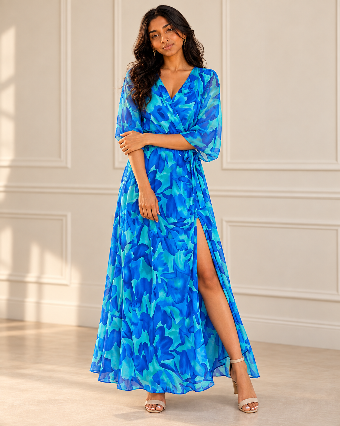 Blushenne Printed Tie-Waist Maxi Dress modeled by Jiya