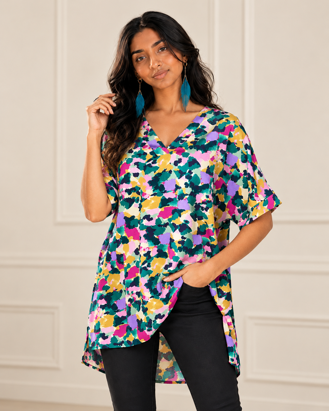 Blushenne Printed V-Neck Side-Slit Top modeled by Jiya