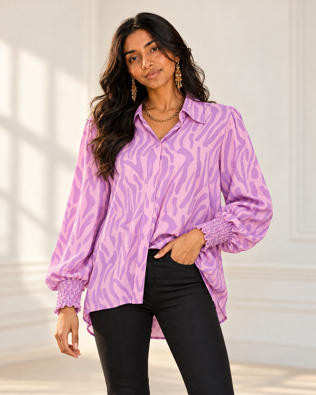 Blushenne Smocked Print Long-Sleeve Blouse modeled by Jiya