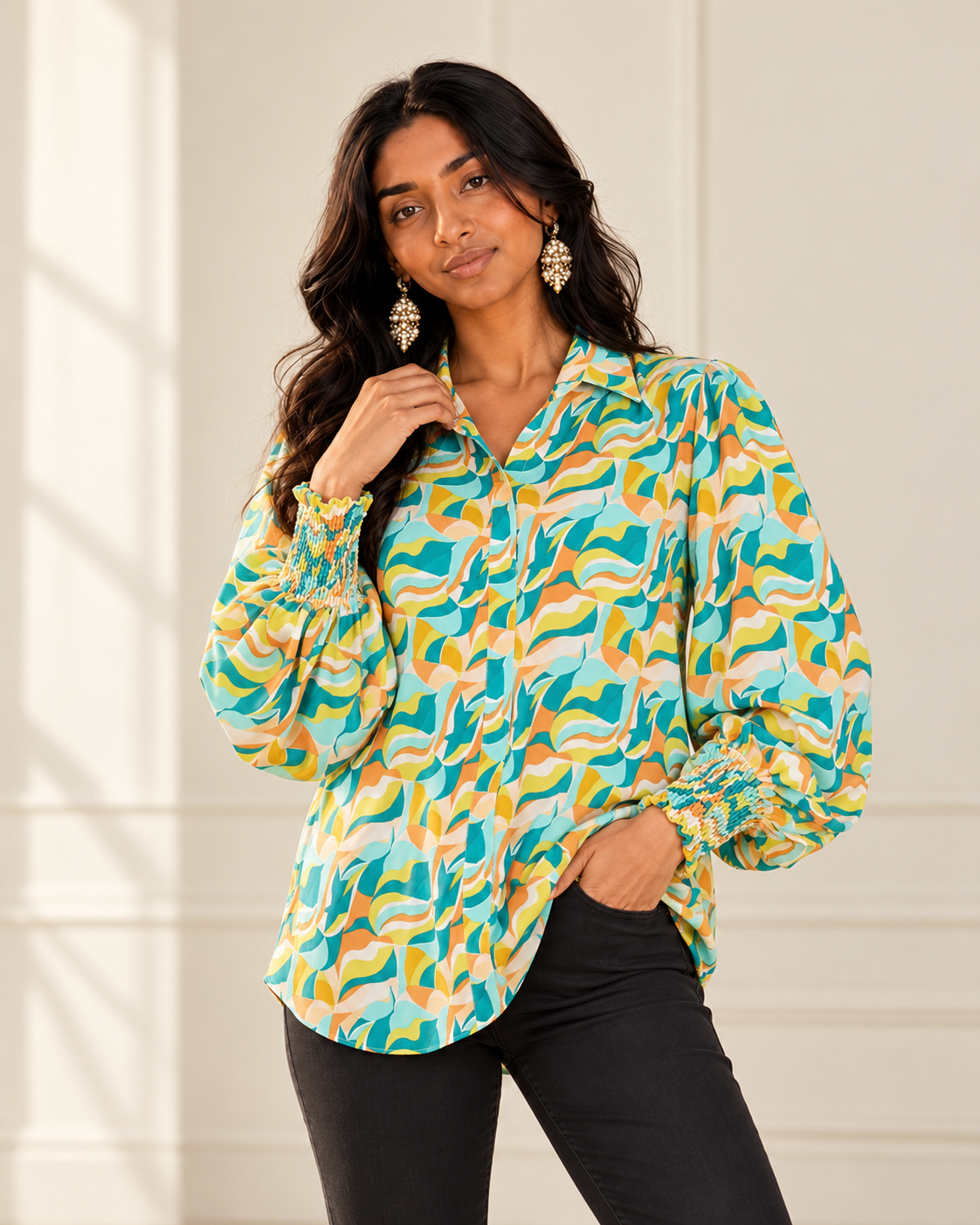 Blushenne Smocked Print Long-Sleeve Blouse modeled by Jiya