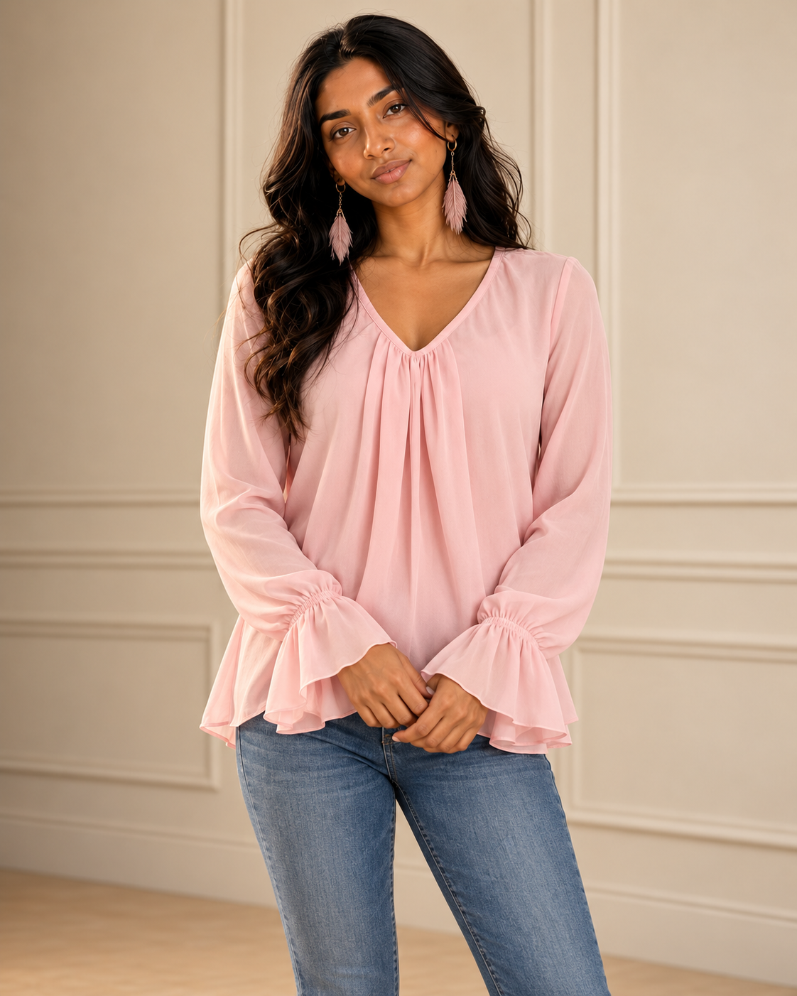 Blushenne V-Neck Flounce-Sleeve Blouse modeled by Jiya