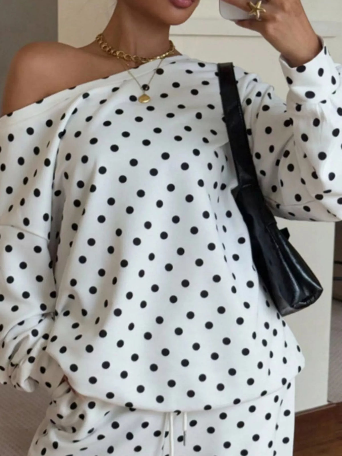 Odette Polka Dot Two-Piece Lounge Set – women's oversized polka dot top and pants set, view 3