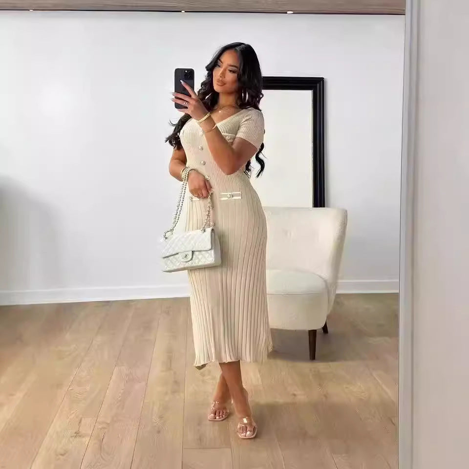Arielle Button-Front Ribbed Midi Dress