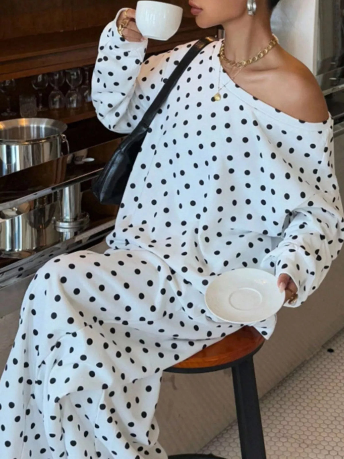 Odette Polka Dot Two-Piece Lounge Set – women's oversized polka dot top and pants set, view 4