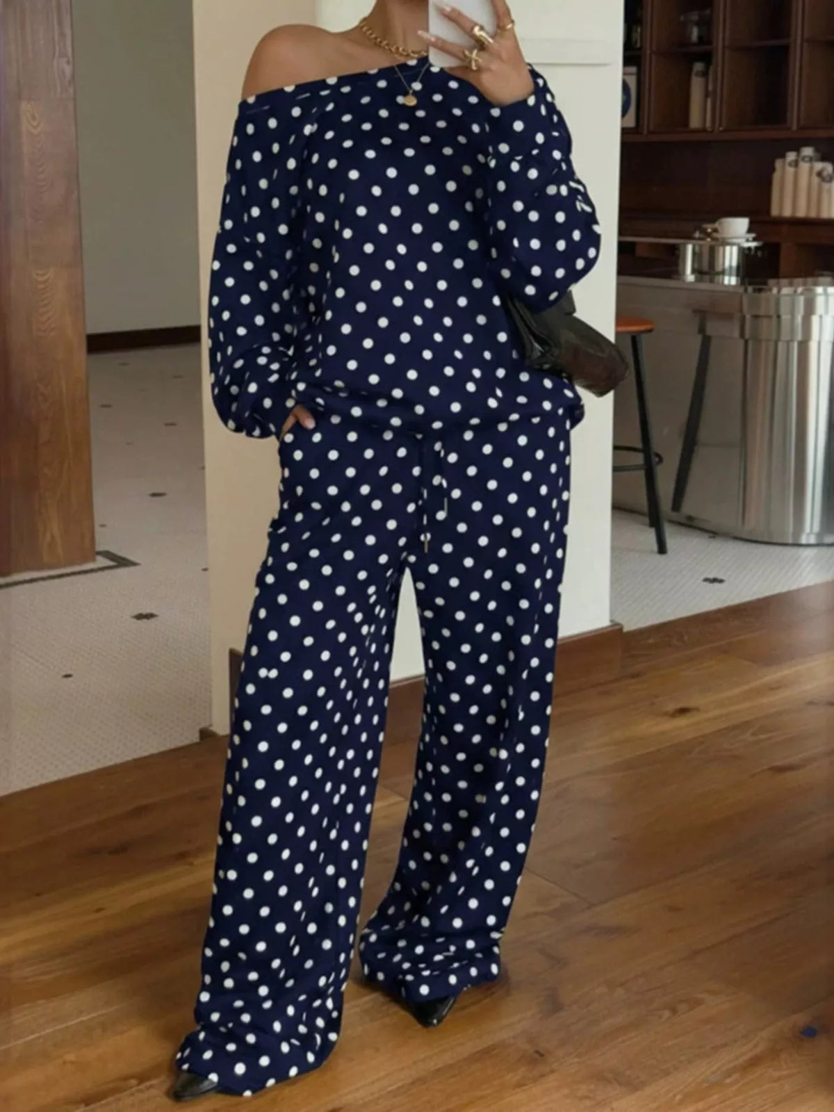 Odette Polka Dot Two-Piece Lounge Set in Navy Blue – women's oversized polka dot top and pants set