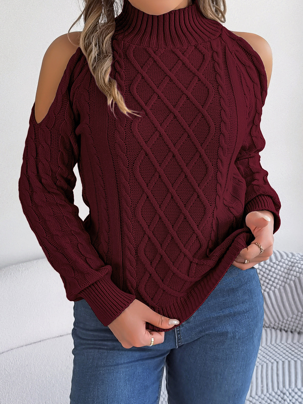 Aria Off-Shoulder Diamond-Knit Sweater