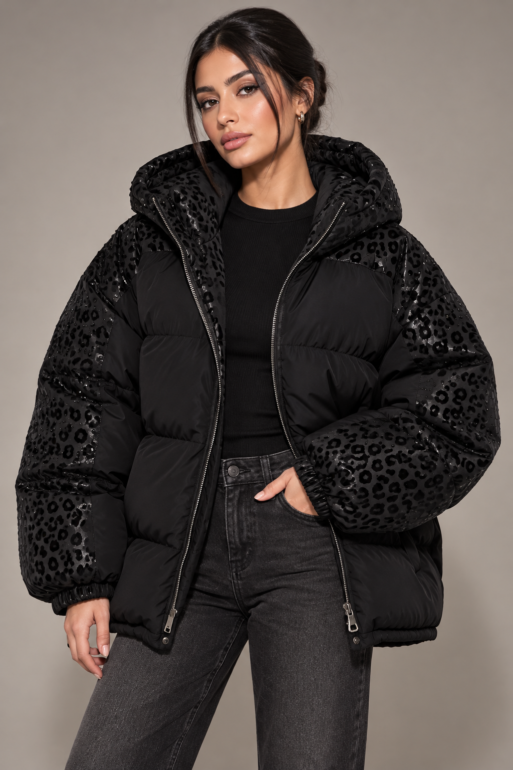 Leopard-Print Hooded Padded Coat