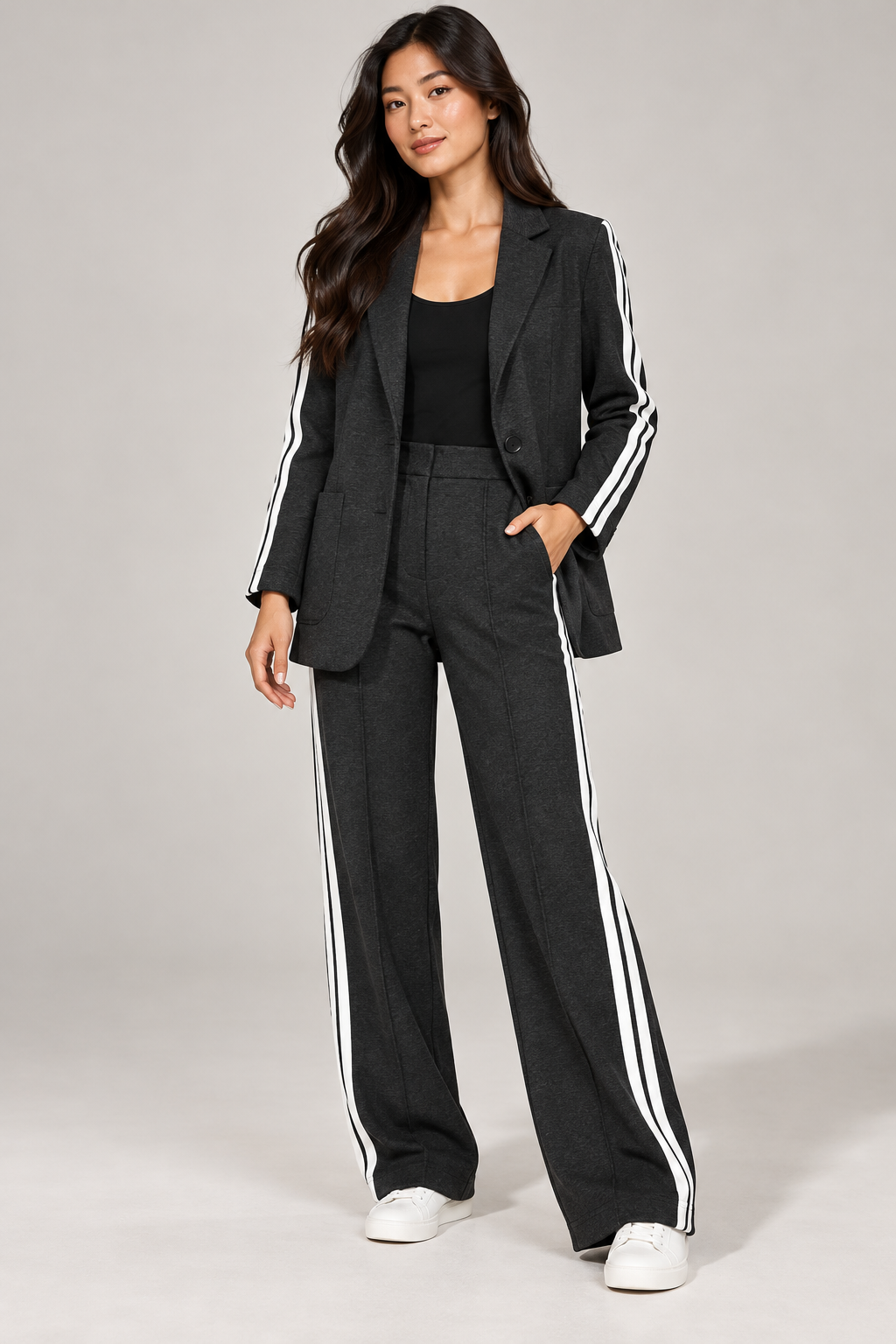 Striped V-Neck Coat & Wide-Leg Pants Set