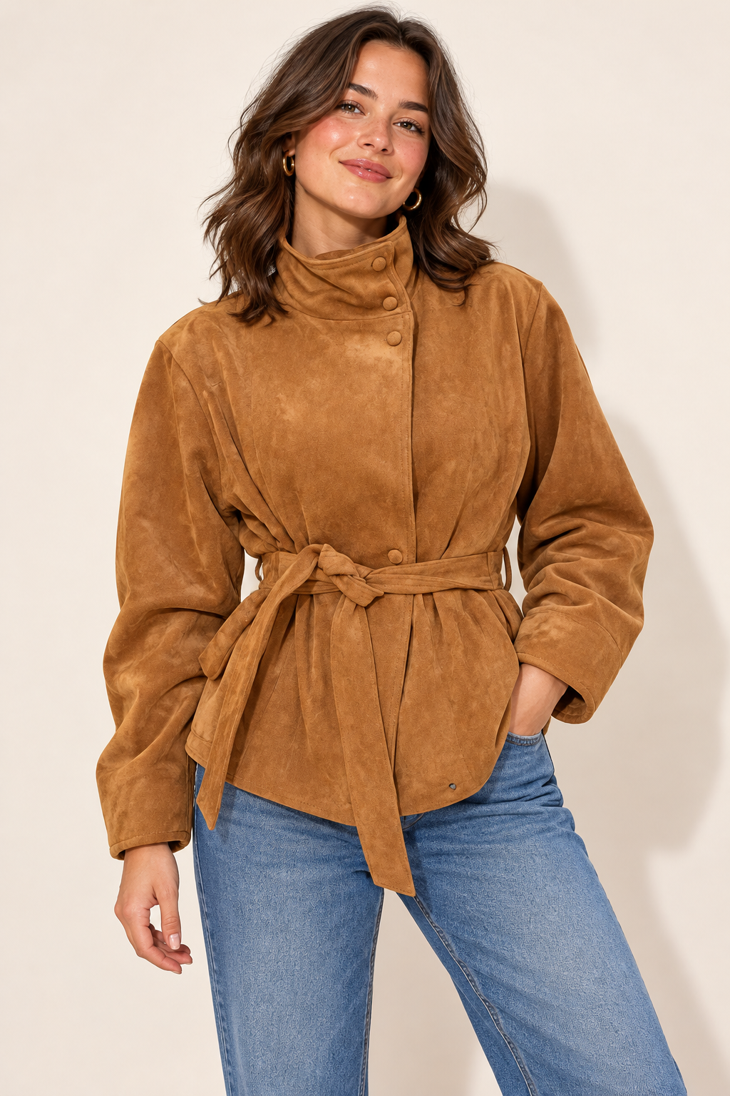 Faux Suede Belted V-Neck Short Jacket