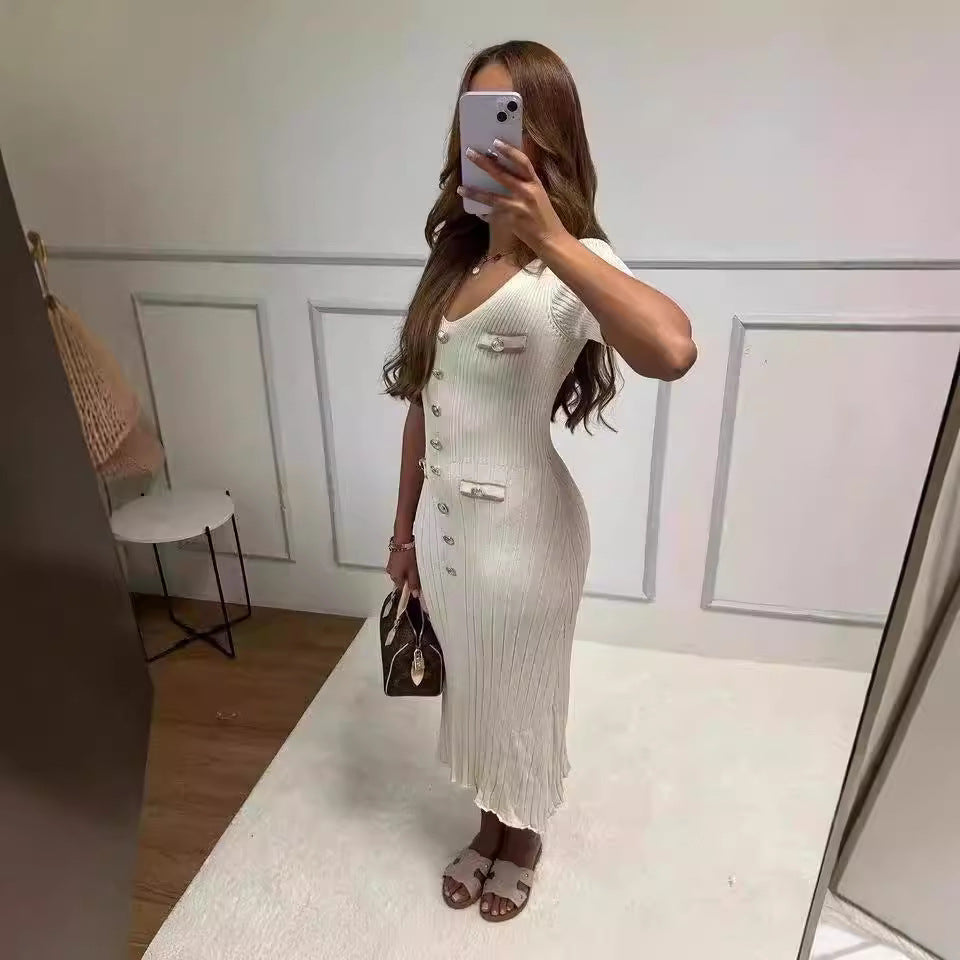 Arielle Button-Front Ribbed Midi Dress