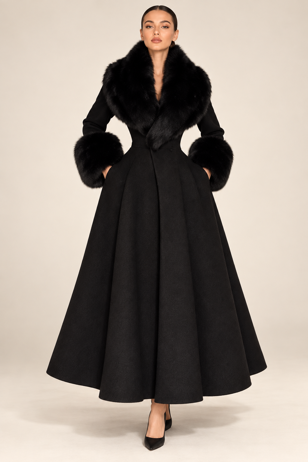 Fur-Collar Wool-Blend Long Coat