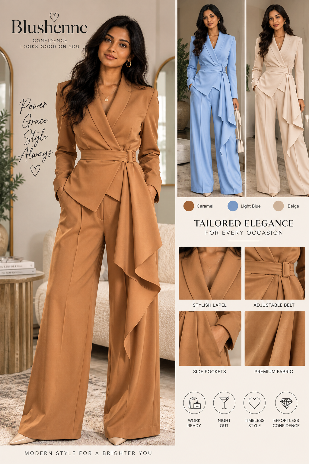 Blushenne Belted Blazer & Wide-Leg Pants Set