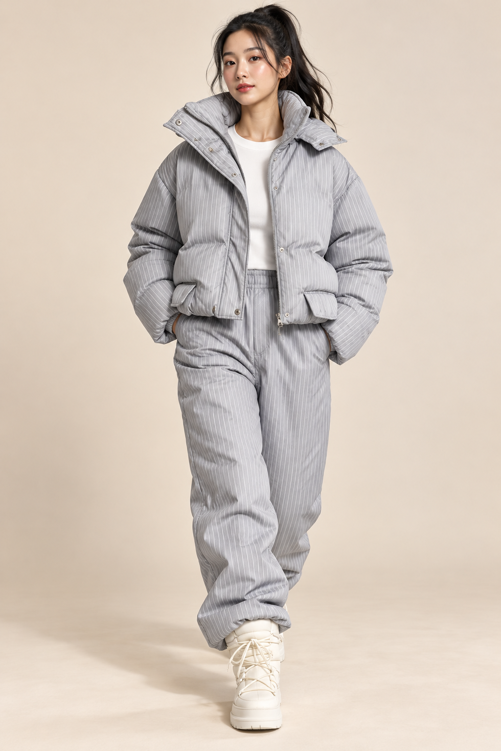 Striped Padded Coat & Straight-Leg Pants Set
