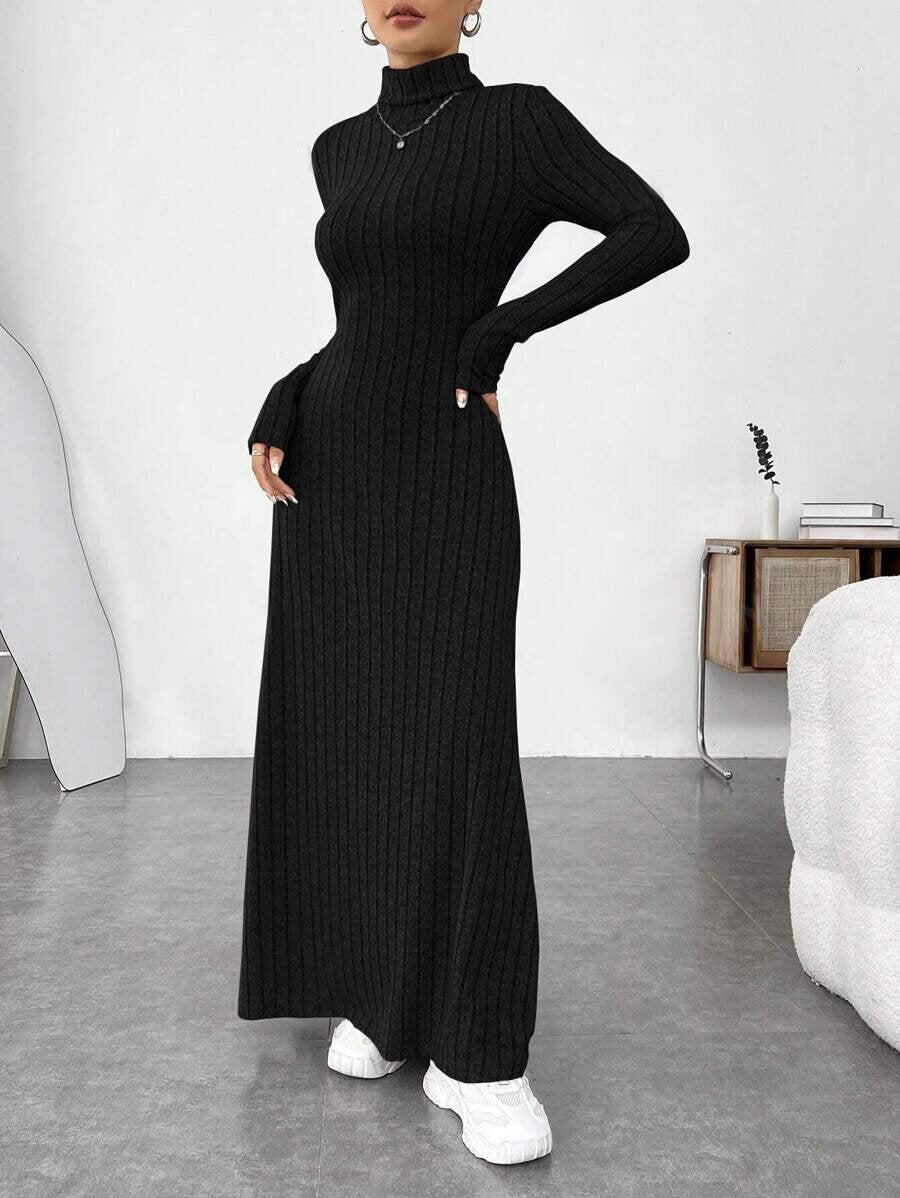 Brushed Ribbed High-Neck Maxi Dress