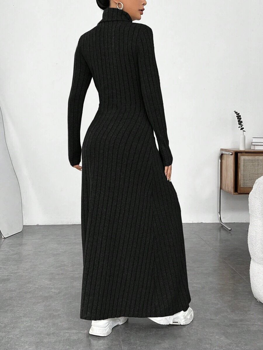 Brushed Ribbed High-Neck Maxi Dress