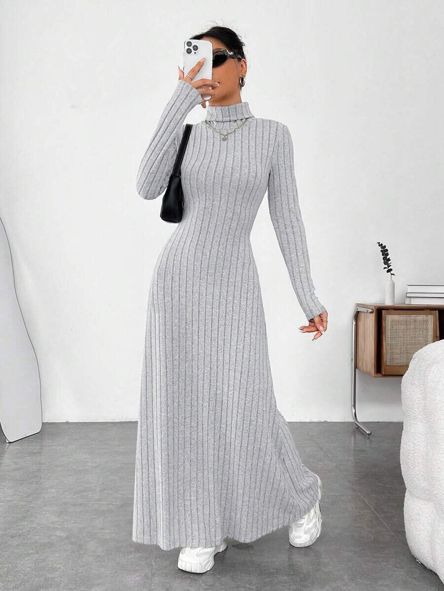 Brushed Ribbed High-Neck Maxi Dress