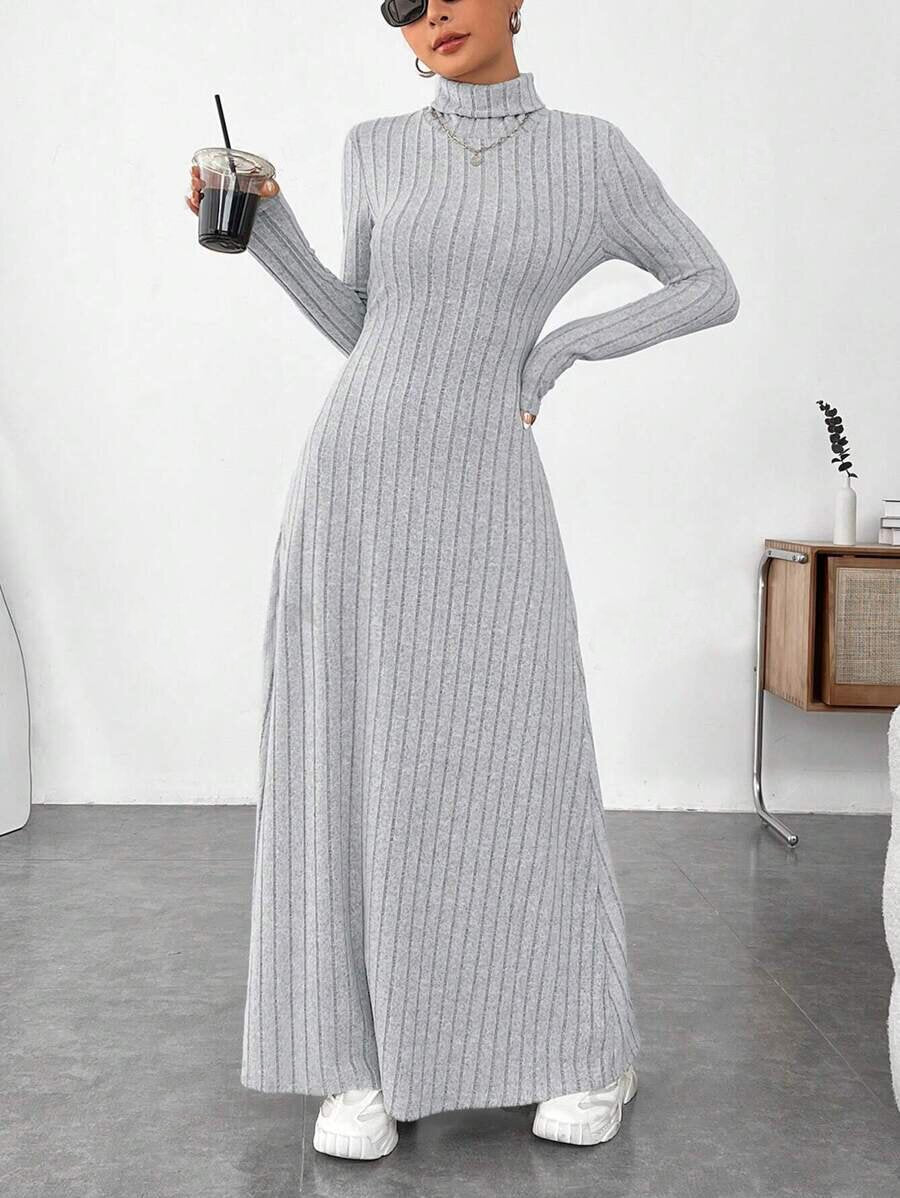 Brushed Ribbed High-Neck Maxi Dress