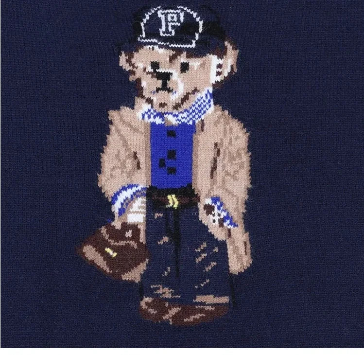 Crochet Bear Jacquard Knit Pullover Sweater