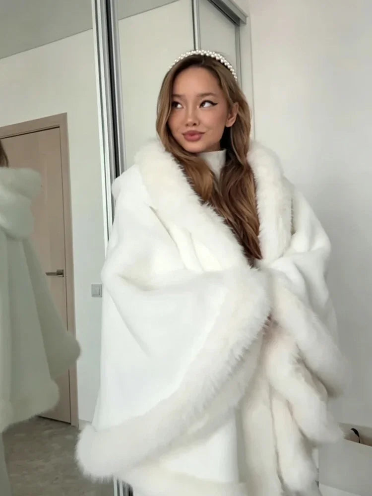 Fur-Trim Hooded Cape Coat