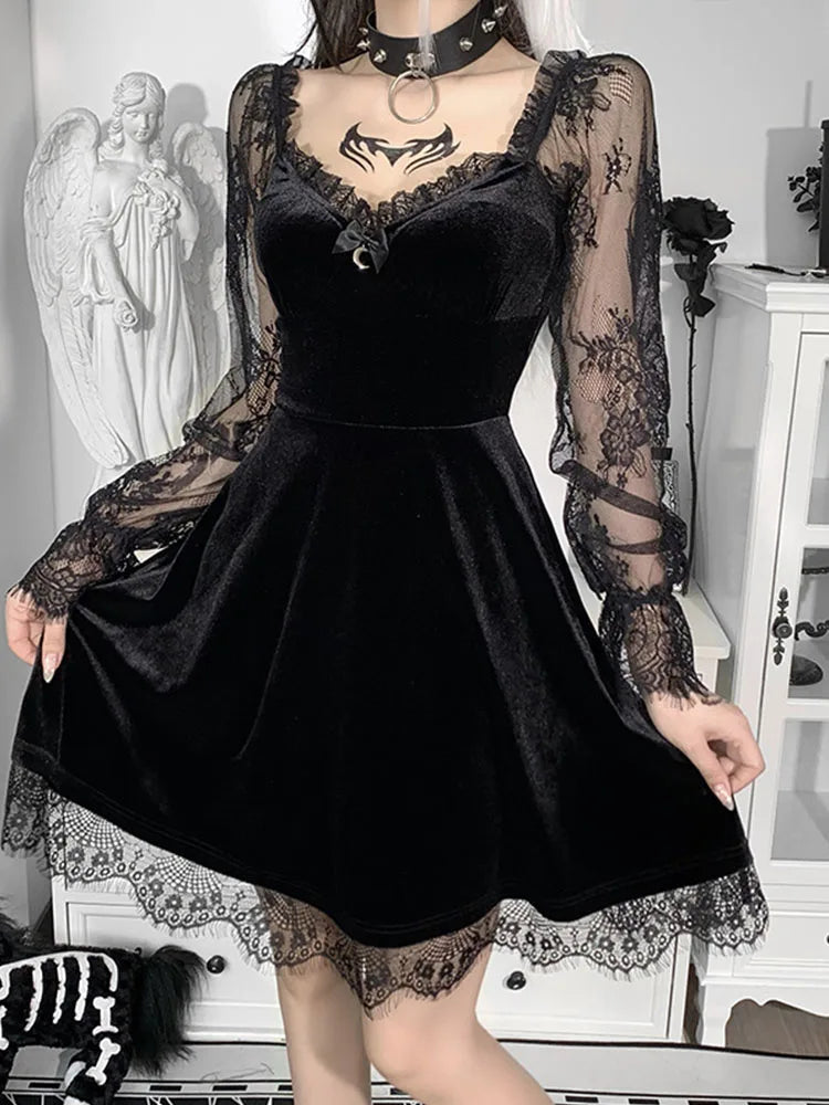 Raven Velvet & Lace A-Line Mini Dress