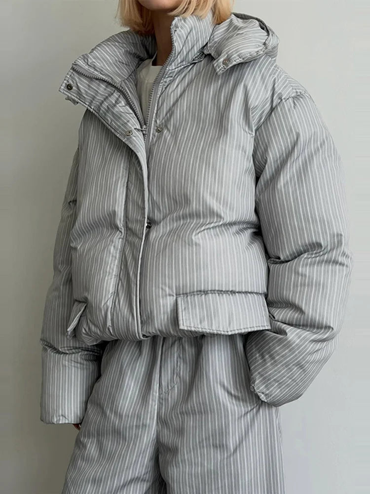 Striped Padded Coat & Straight-Leg Pants Set