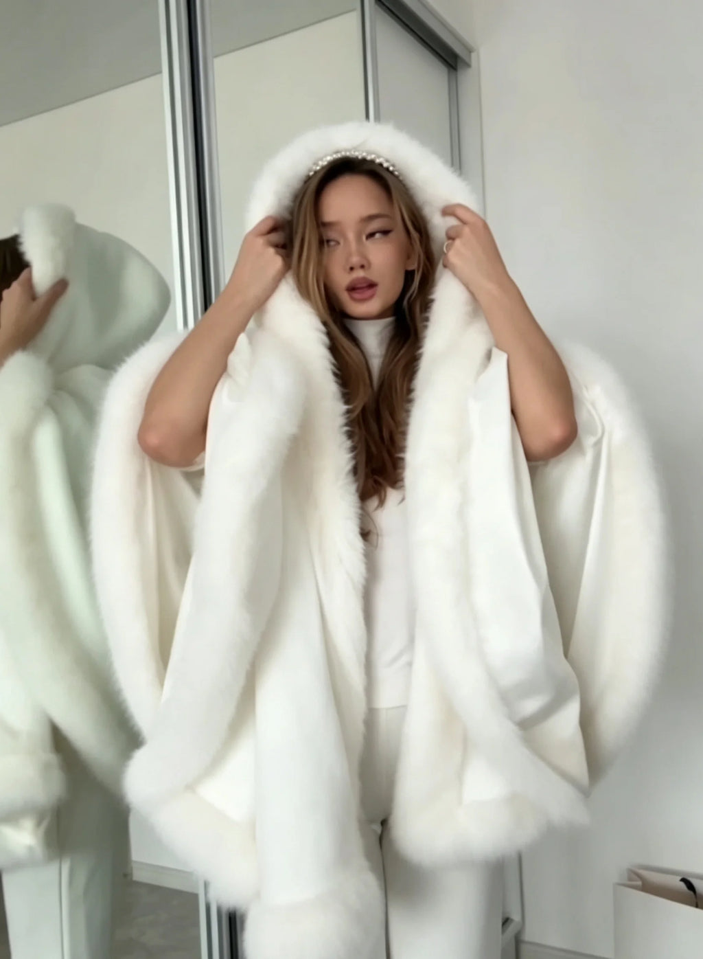 Fur-Trim Hooded Cape Coat