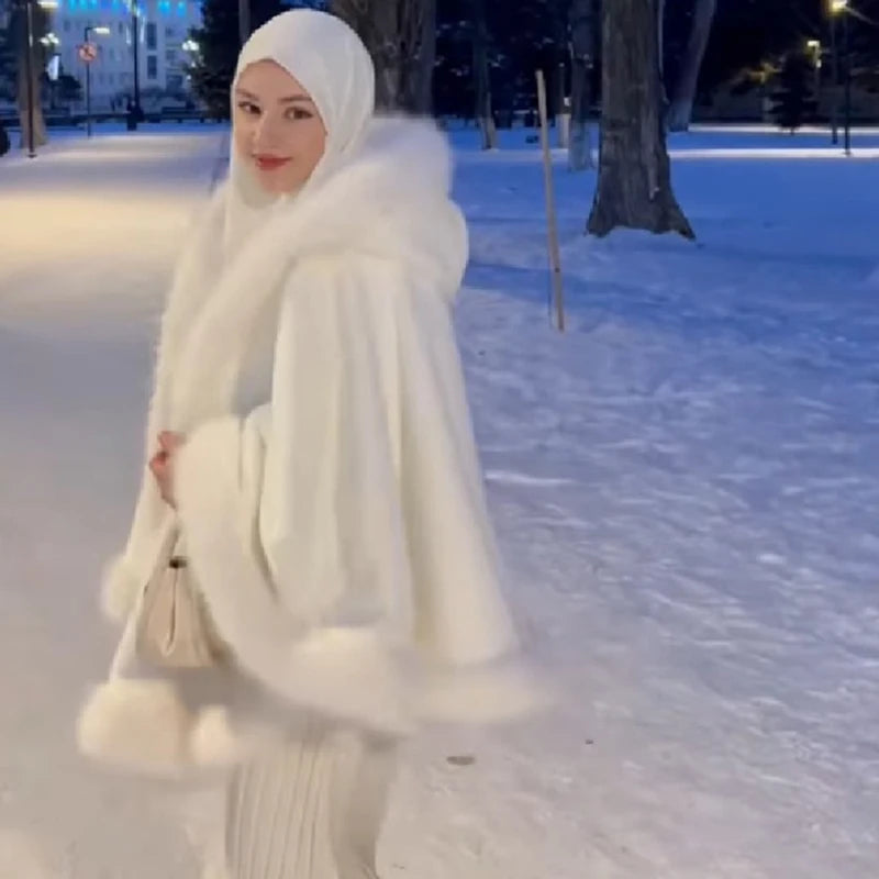 Fur-Trim Hooded Cape Coat