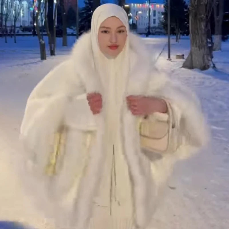 Fur-Trim Hooded Cape Coat