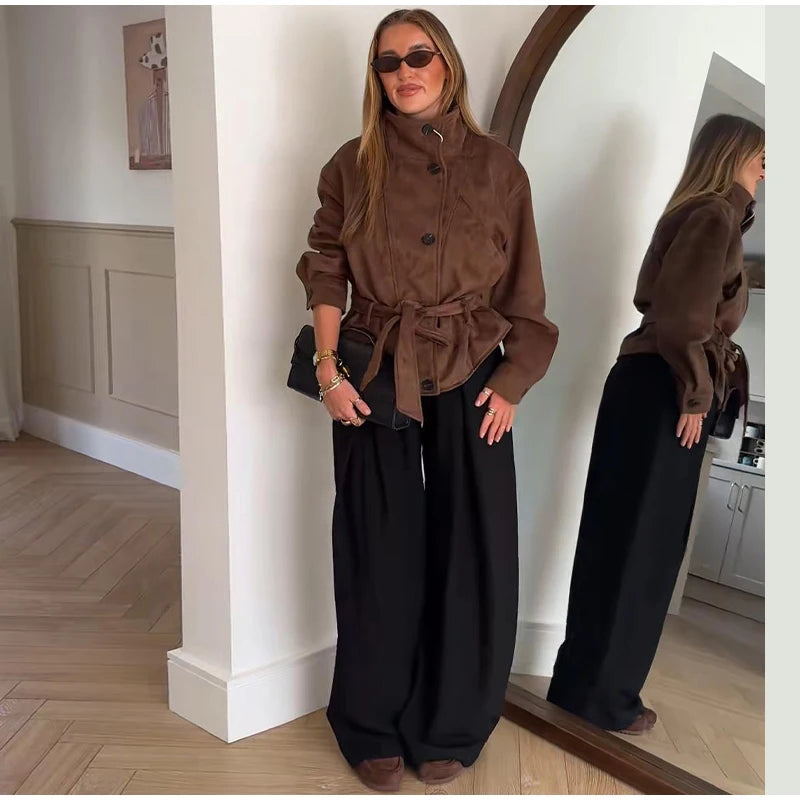 Faux Suede Belted V-Neck Short Jacket