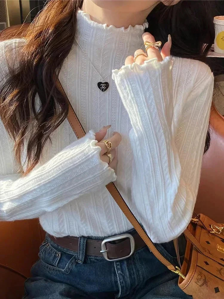 Ruffled Turtleneck Knit Sweater
