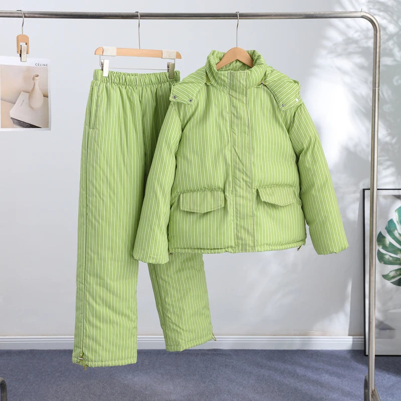 Striped Padded Coat & Straight-Leg Pants Set