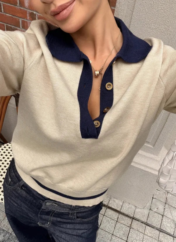 Korean Style Color Block Polo Neck Knitwear Women's Slim Fit Long Sleeve Base Shirt Autumn Winter Fashion Casual Top