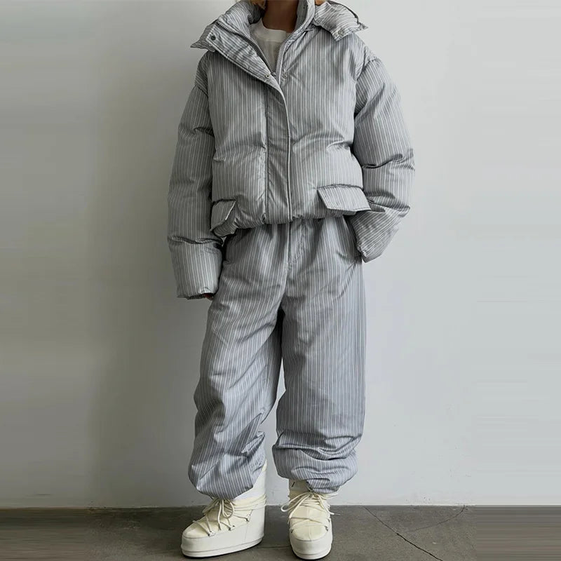 Striped Padded Coat & Straight-Leg Pants Set