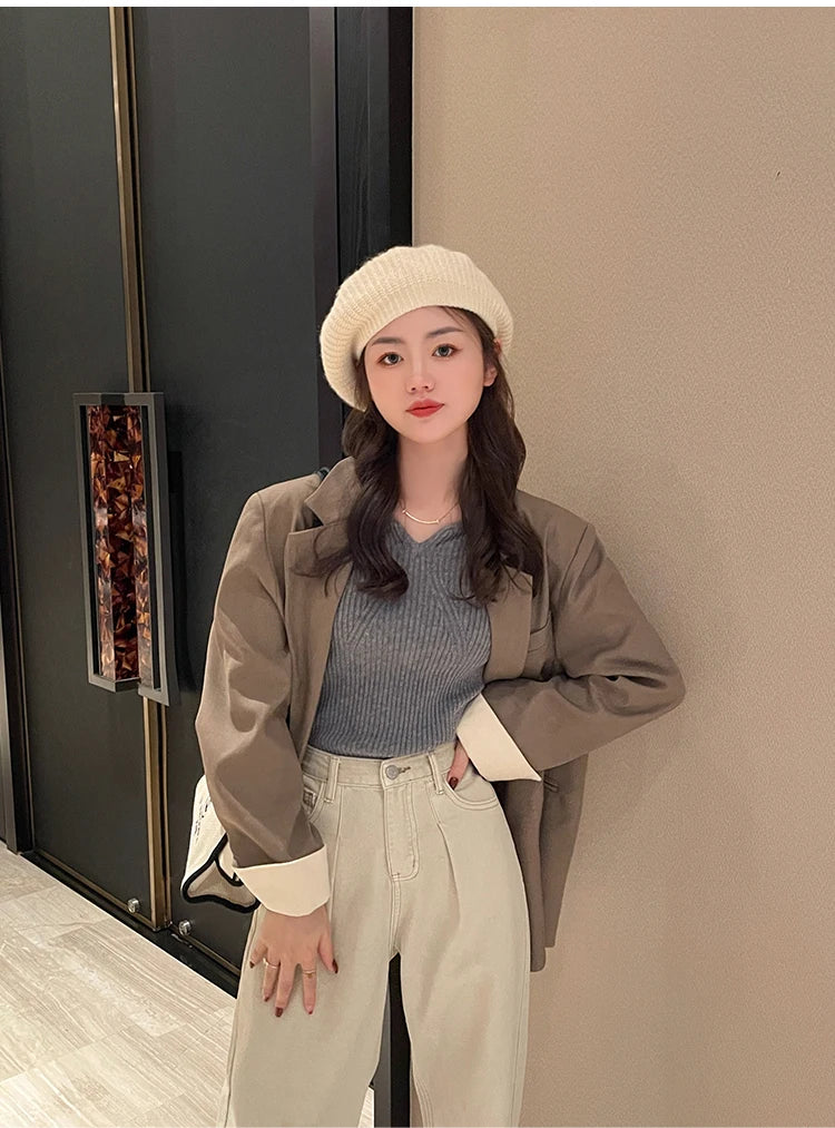 Slim V-Neck Ribbed Knit Sweater