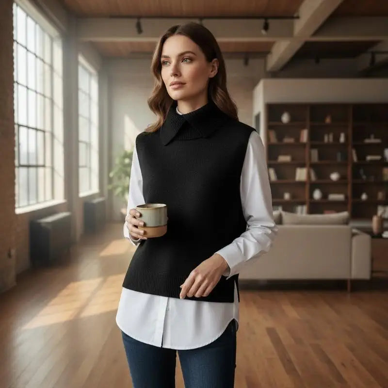 Solid Lapel Knit Vest