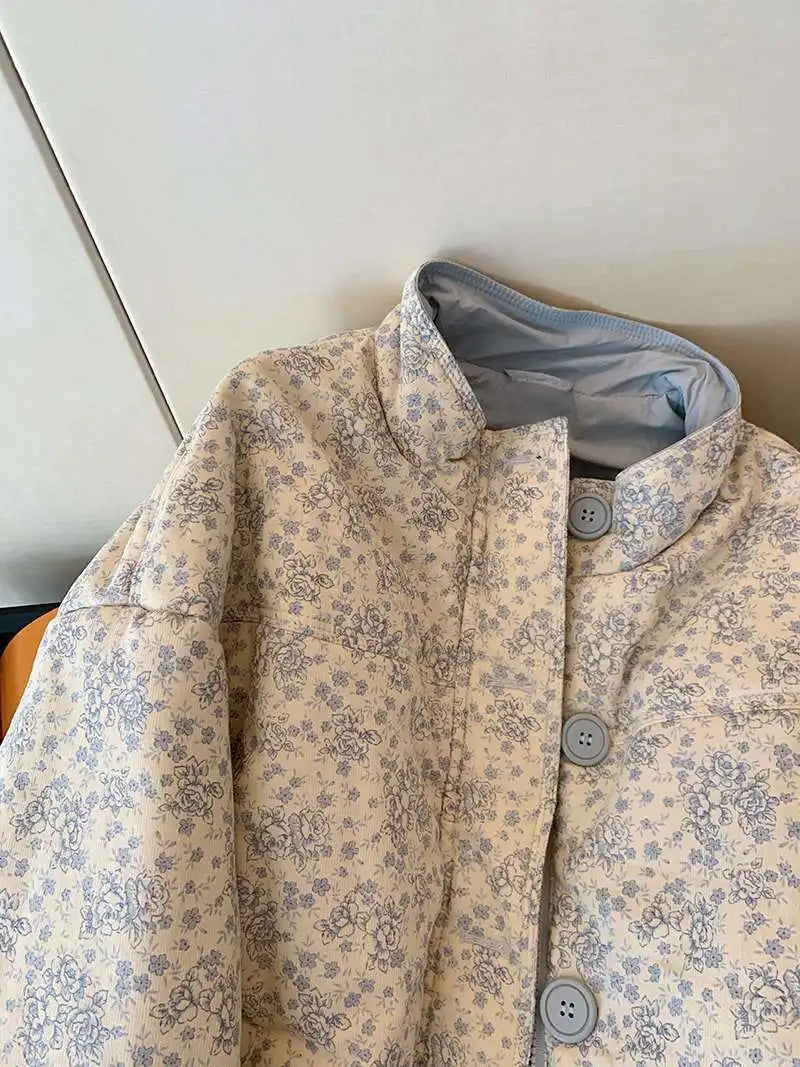 Printed Stand-Collar Zip Cotton Jacket