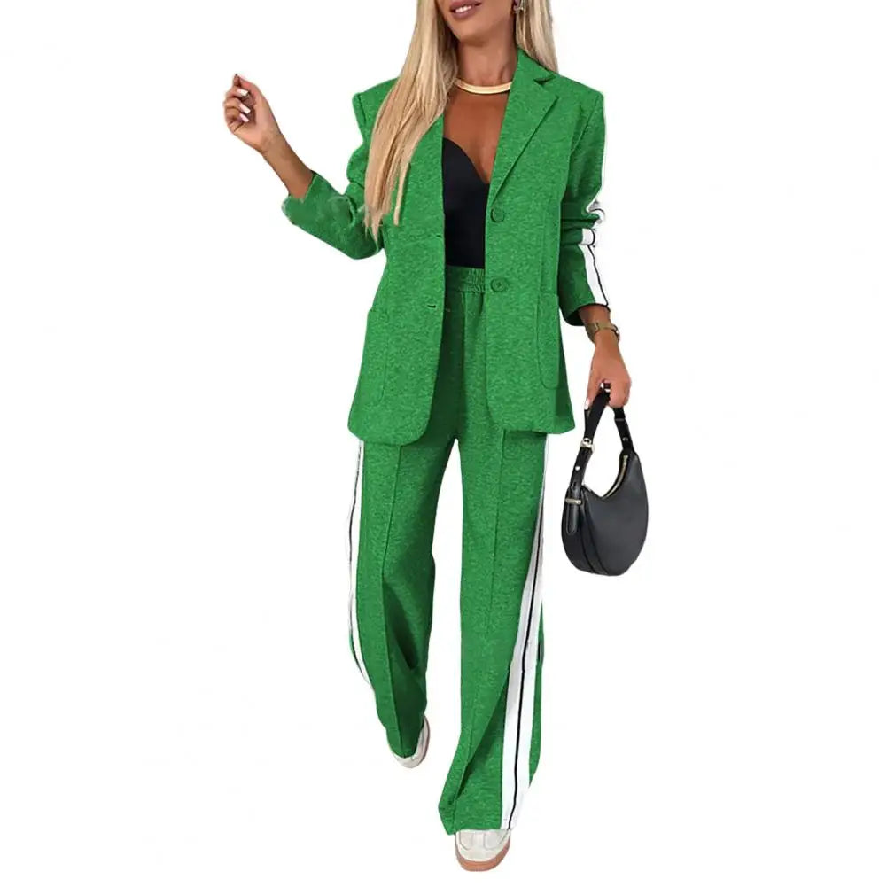 Striped V-Neck Coat & Wide-Leg Pants Set